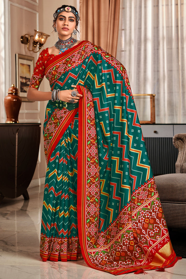 Delicate Green Color Pure Tusser Patola Printed Saree | Buy Online India