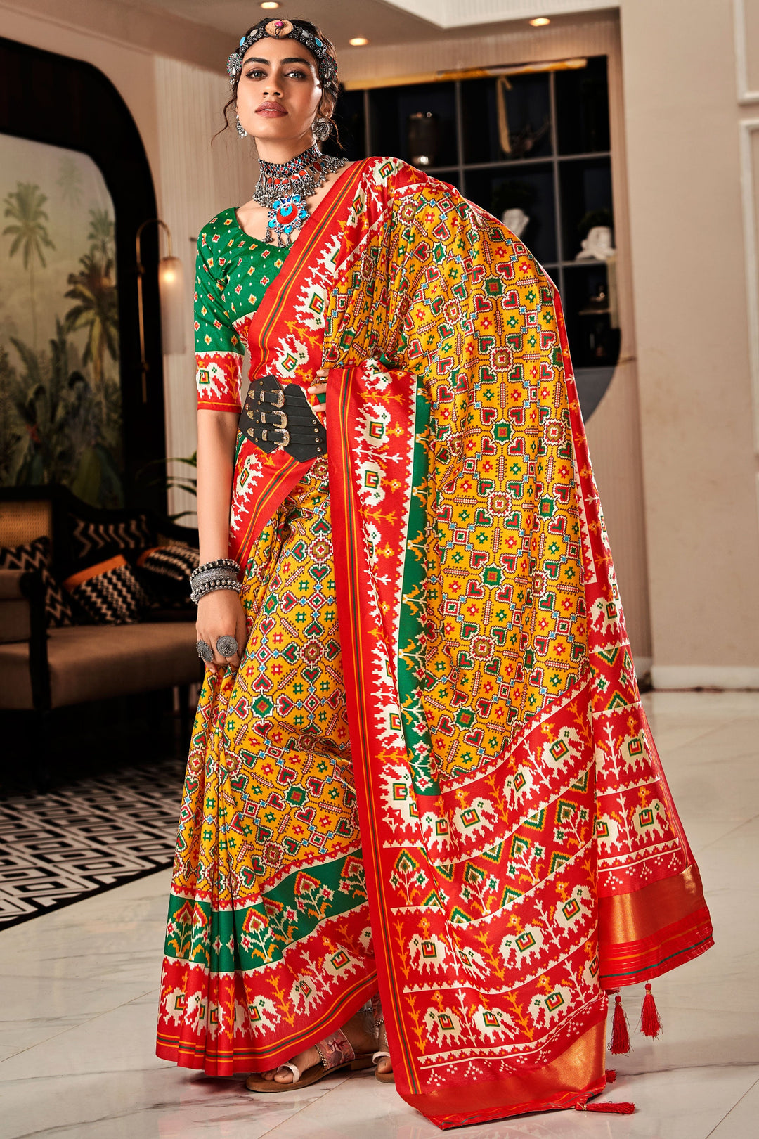 Blazing Yellow Color Pure Tusser Patola Printed Saree | Buy Online India