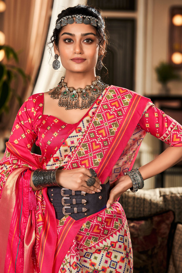 Cream Color Exquisite Pure Tusser Patola Printed Saree | Buy Online India
