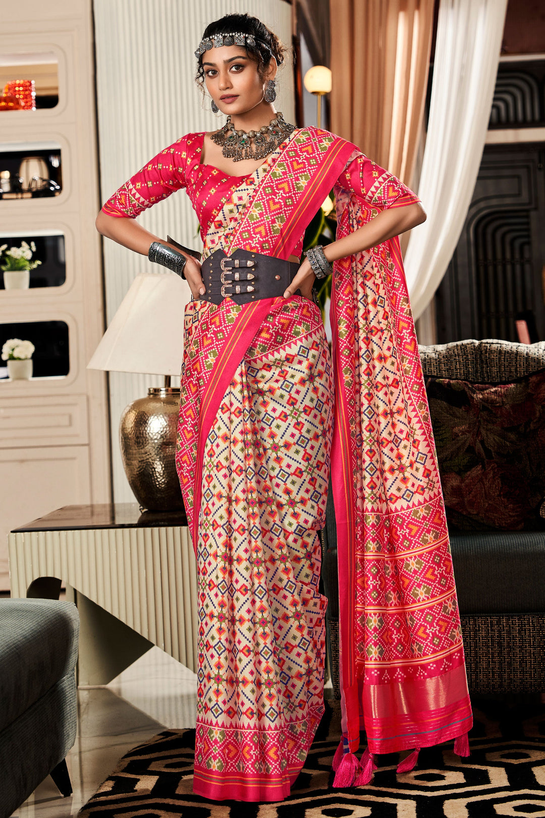 Cream Color Exquisite Pure Tusser Patola Printed Saree | Buy Online India
