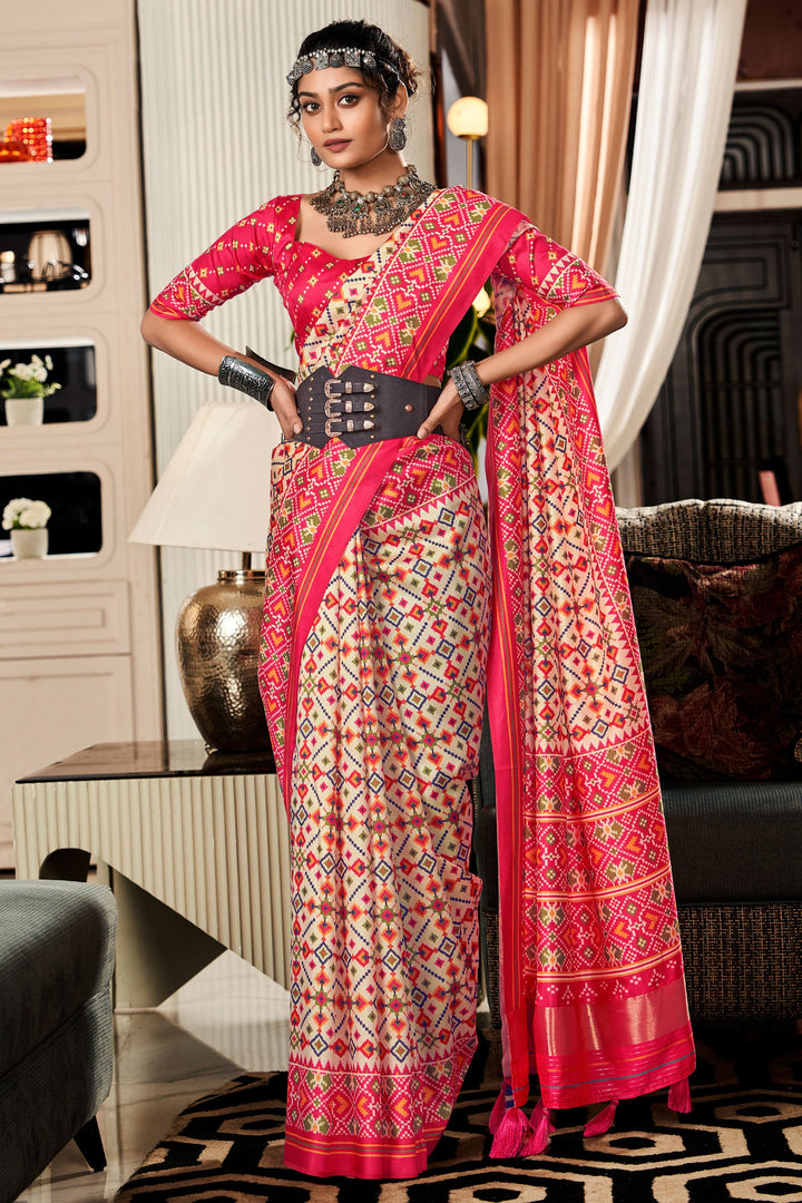 Cream Color Exquisite Pure Tusser Patola Printed Saree | Buy Online India