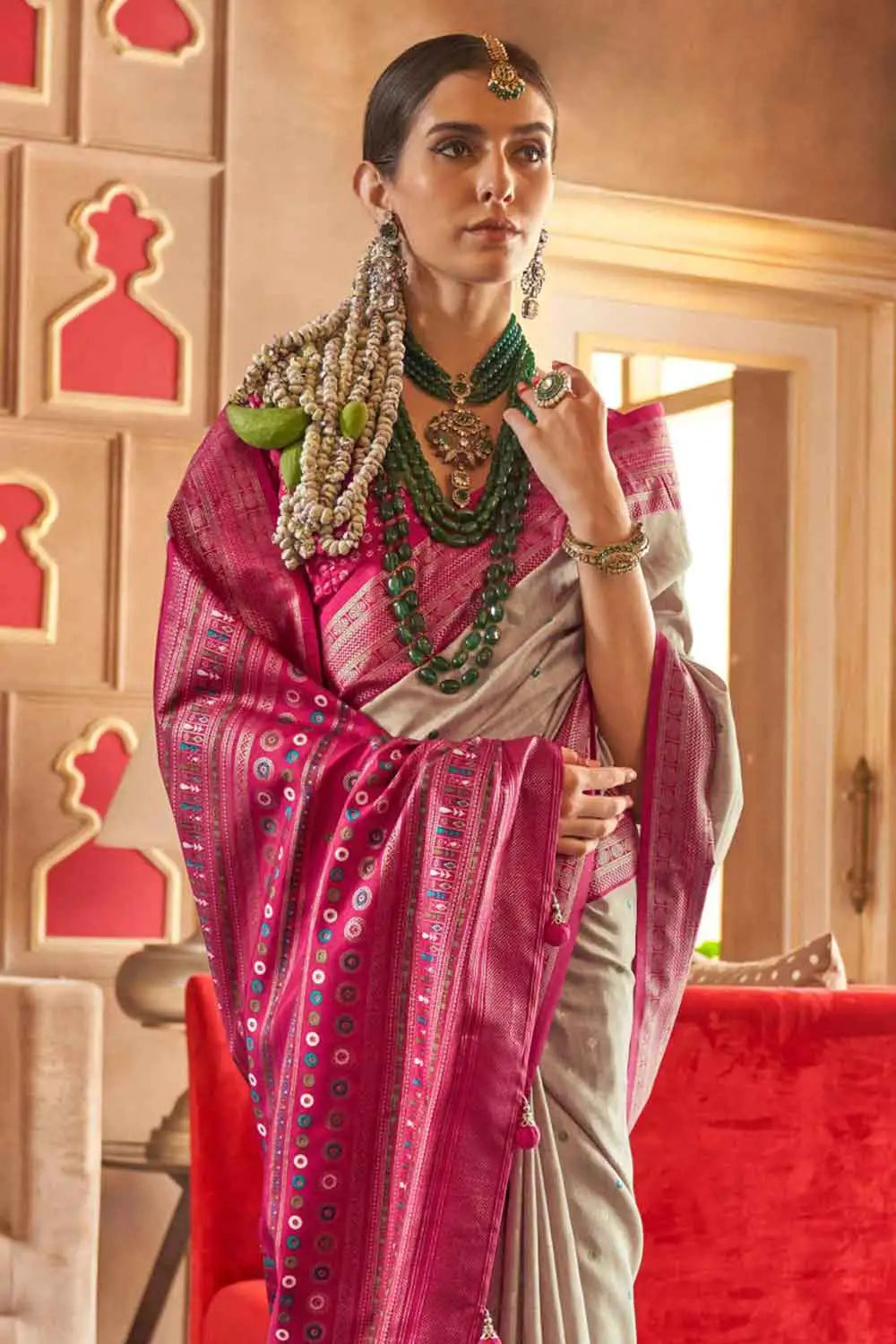 Art Silk Fabric Beige Color Riveting Patola Printed Saree | Buy Online India