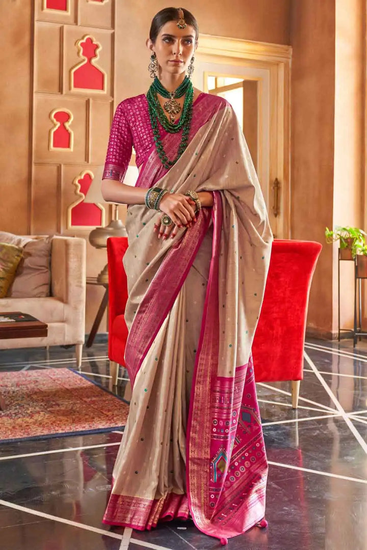 Art Silk Fabric Beige Color Riveting Patola Printed Saree | Buy Online India