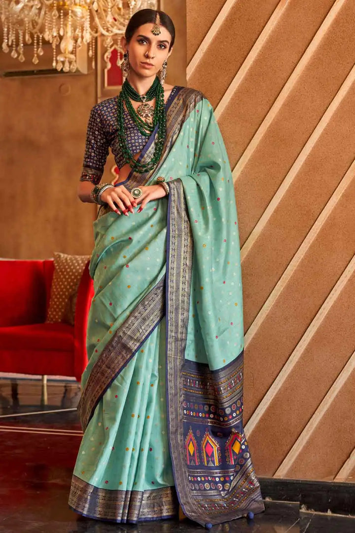 Sea Green Color Art Silk Fabric Princely Patola Printed Saree | Buy Online India