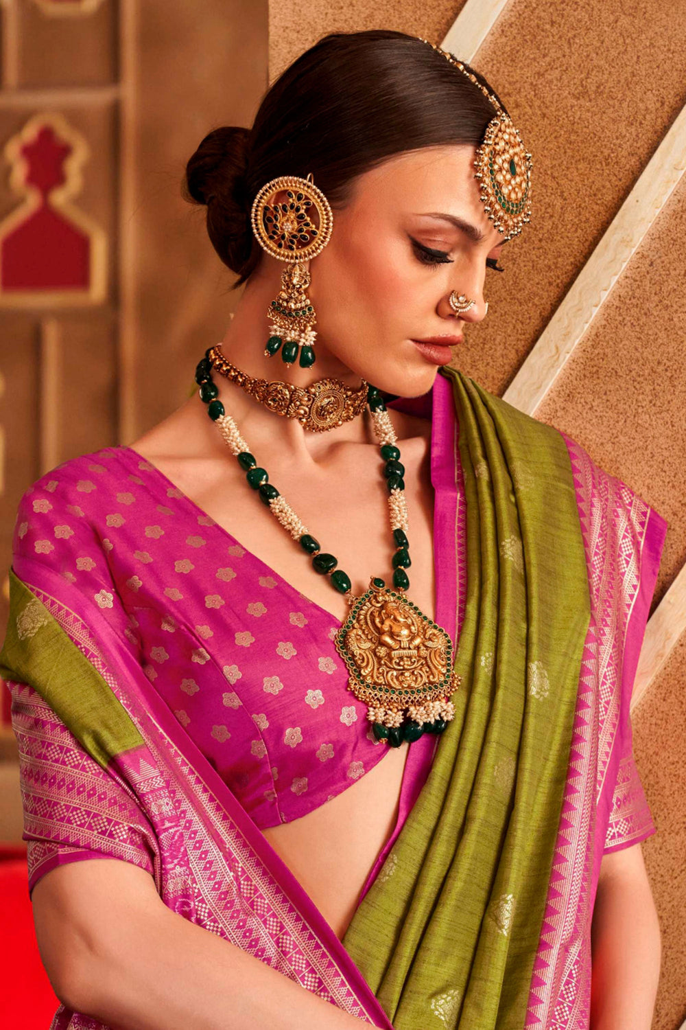 Olive Color Sober Patola Printed Saree In Art Silk Fabric | Buy Online India