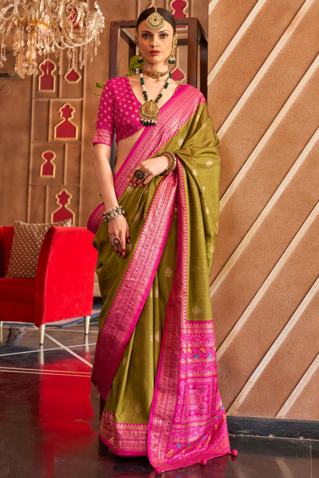 Olive Color Sober Patola Printed Saree In Art Silk Fabric | Buy Online India