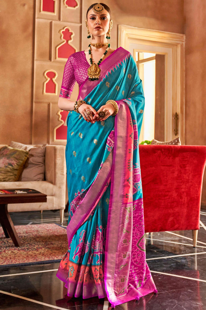 Excellent Art Silk Fabric Cyan Color Patola Printed Saree | Buy Online India