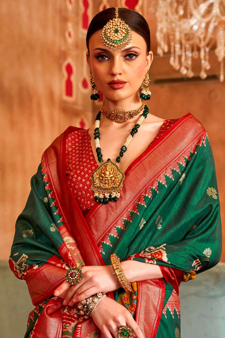 Art Silk Fabric Bewitching Patola Printed Saree In Green Color | Buy Online India