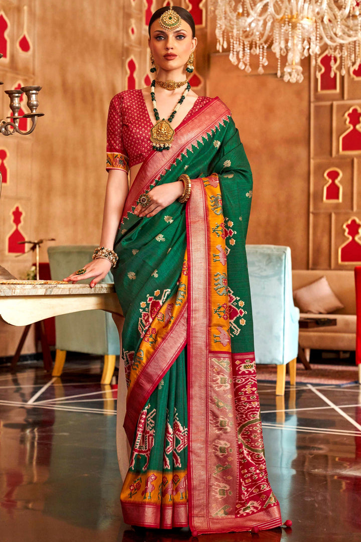 Art Silk Fabric Bewitching Patola Printed Saree In Green Color | Buy Online India