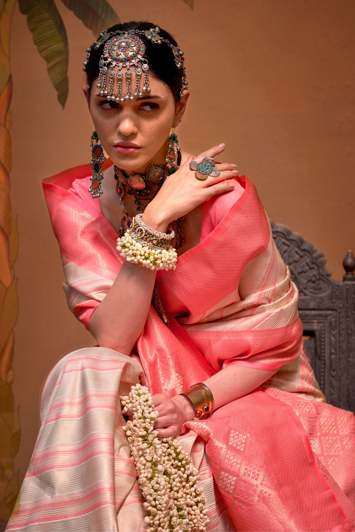 Beguiling Beige Color Handloom Weaving Silk Fabric Saree | Buy Online India