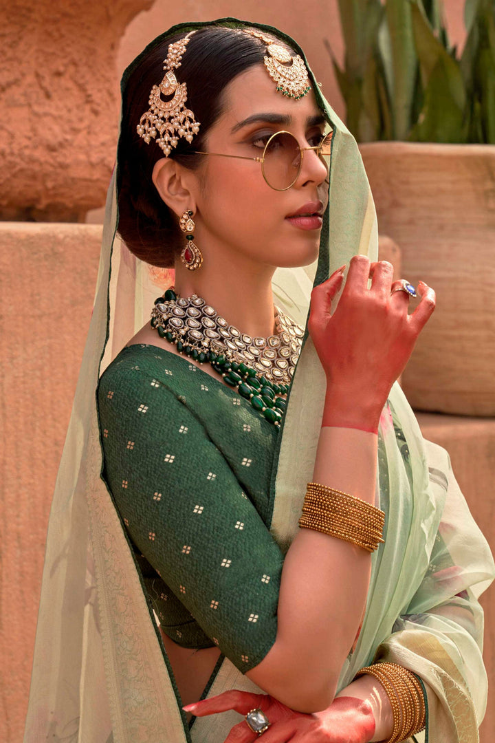 Engaging Sea Green Color Organza Silk Fabric Saree With Printed Work | Buy Online India