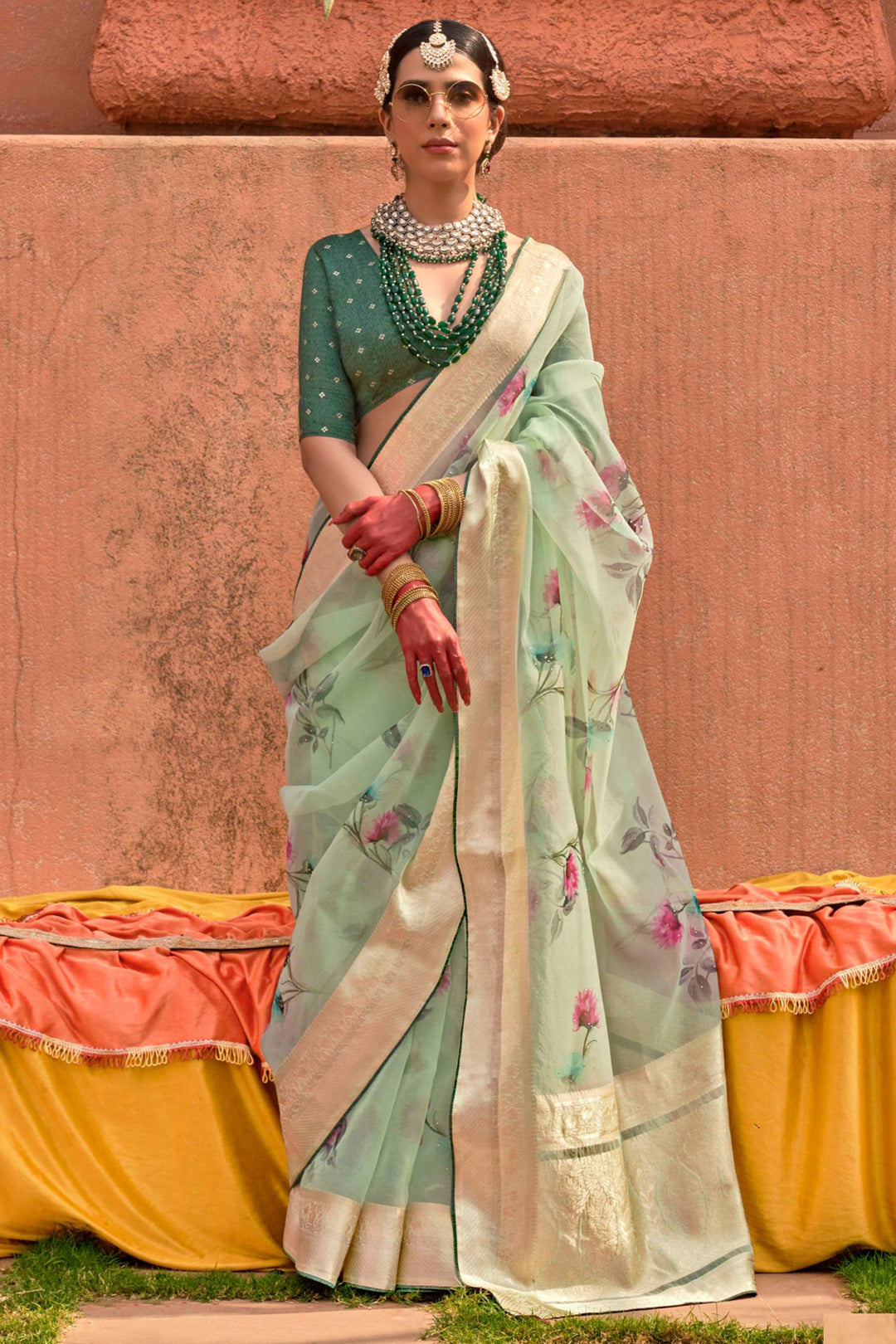 Engaging Sea Green Color Organza Silk Fabric Saree With Printed Work | Buy Online India