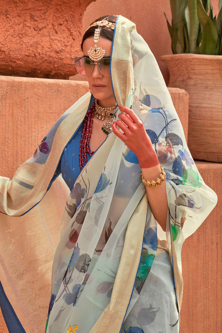Classic Printed Work On Light Cyan Color Saree In Organza Silk Fabric | Buy Online India