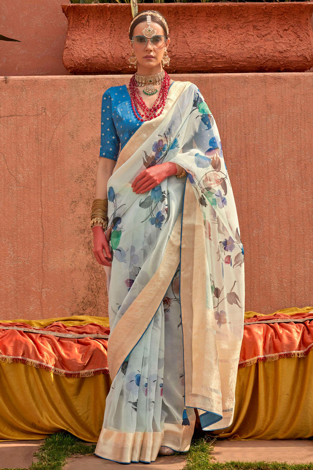 Classic Printed Work On Light Cyan Color Saree In Organza Silk Fabric | Buy Online India