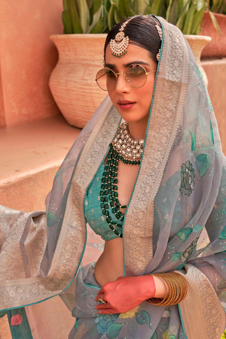 Organza Silk Fabric Grey Color Saree With Winsome Printed Work | Buy Online India