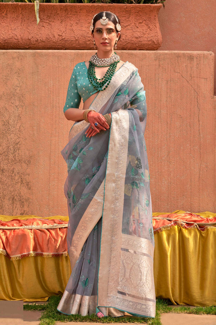 Organza Silk Fabric Grey Color Saree With Winsome Printed Work | Buy Online India