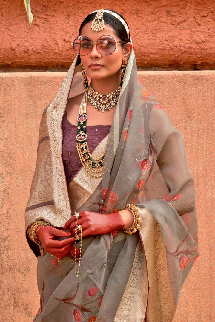 Marvellous Printed Work On Organza Silk Fabric Saree In Dark Beige Color | Buy Online India