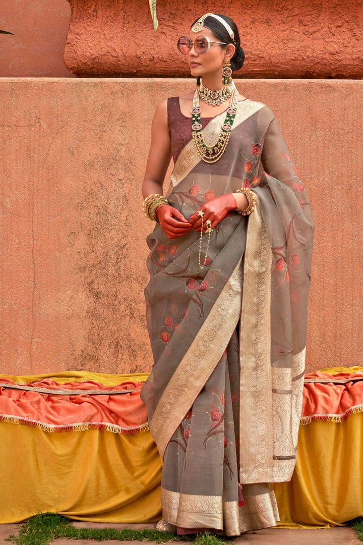Marvellous Printed Work On Organza Silk Fabric Saree In Dark Beige Color | Buy Online India