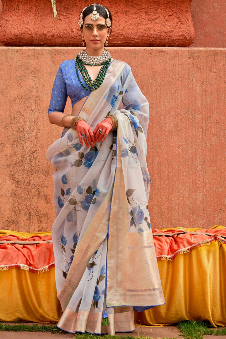 Amazing Off White Color Organza Silk Fabric Saree With Printed Work | Buy Online India