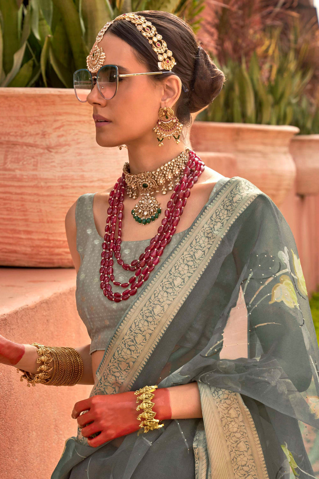Solid Organza Silk Fabric Printed Work On Saree In Grey Color | Buy Online India