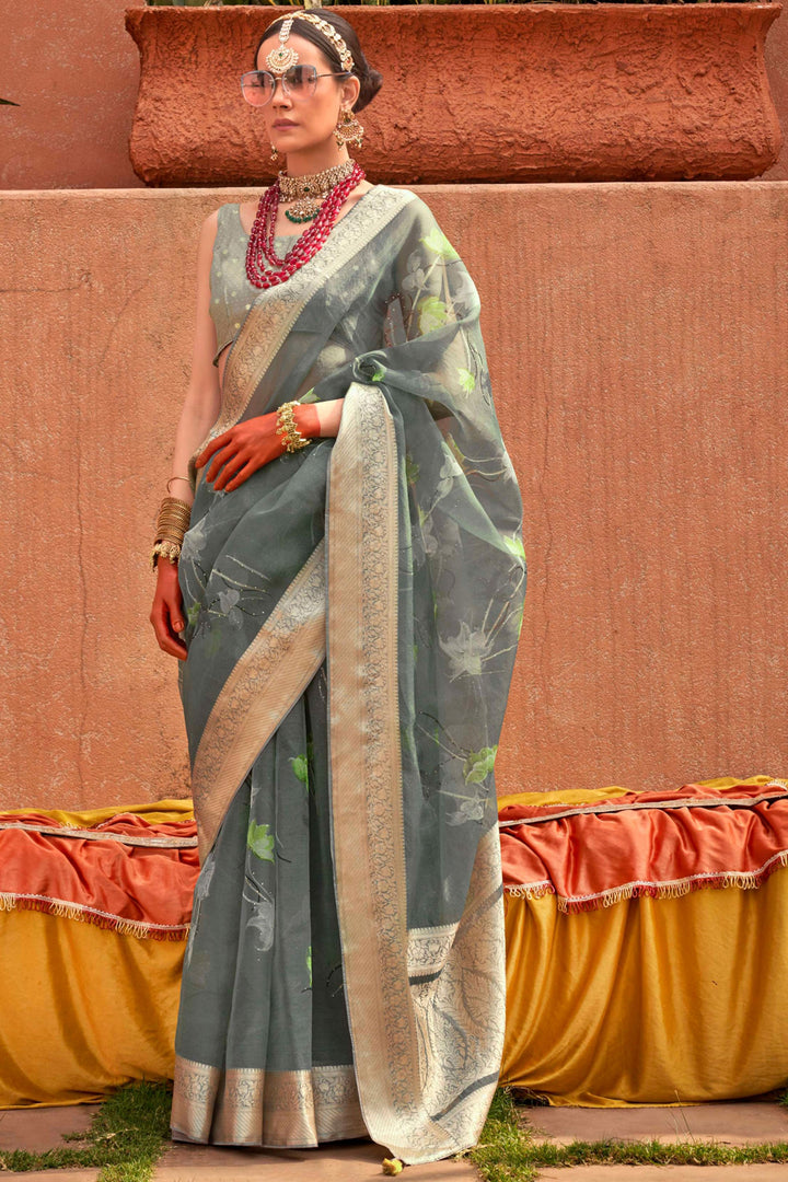 Solid Organza Silk Fabric Printed Work On Saree In Grey Color | Buy Online India