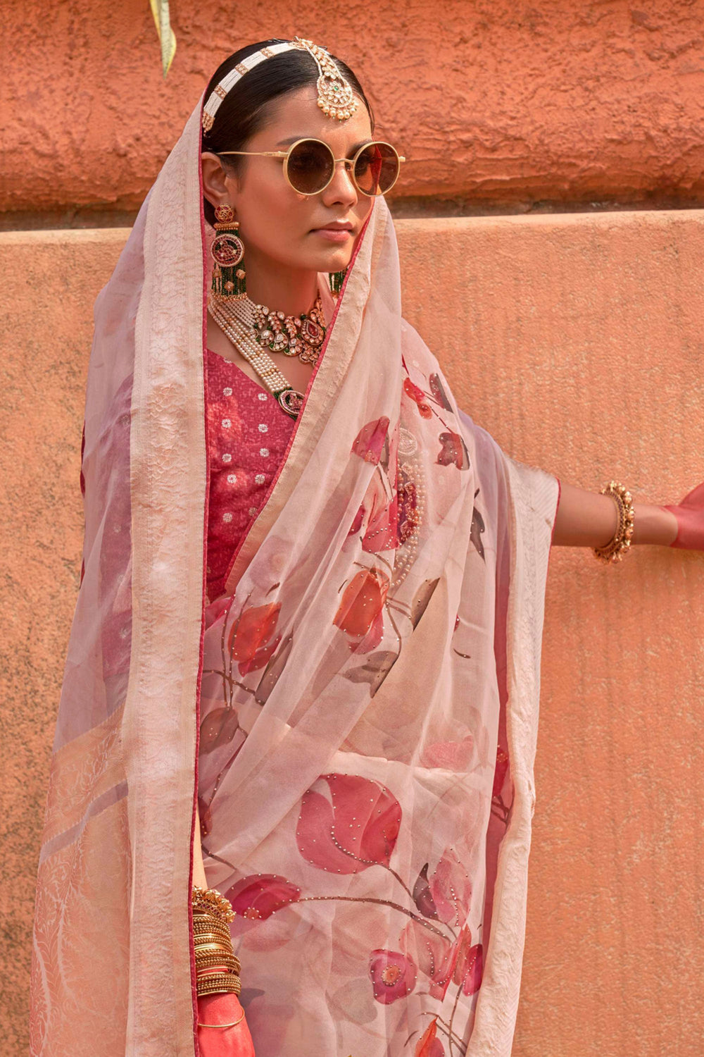 Printed Work Pink Color Organza Silk Fabric Beauteous Saree | Buy Online India