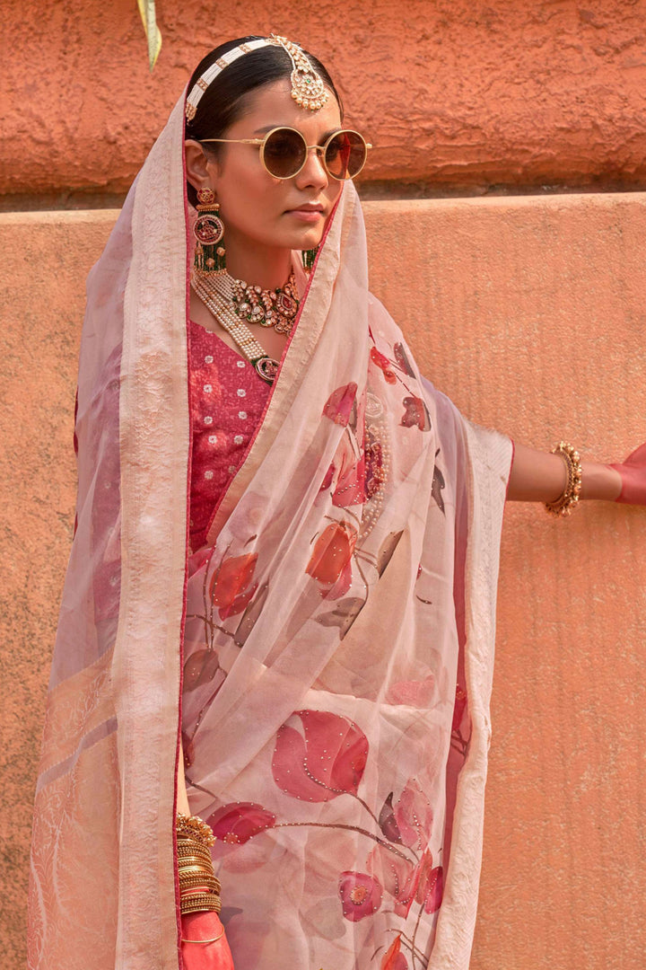 Printed Work Pink Color Organza Silk Fabric Beauteous Saree | Buy Online India