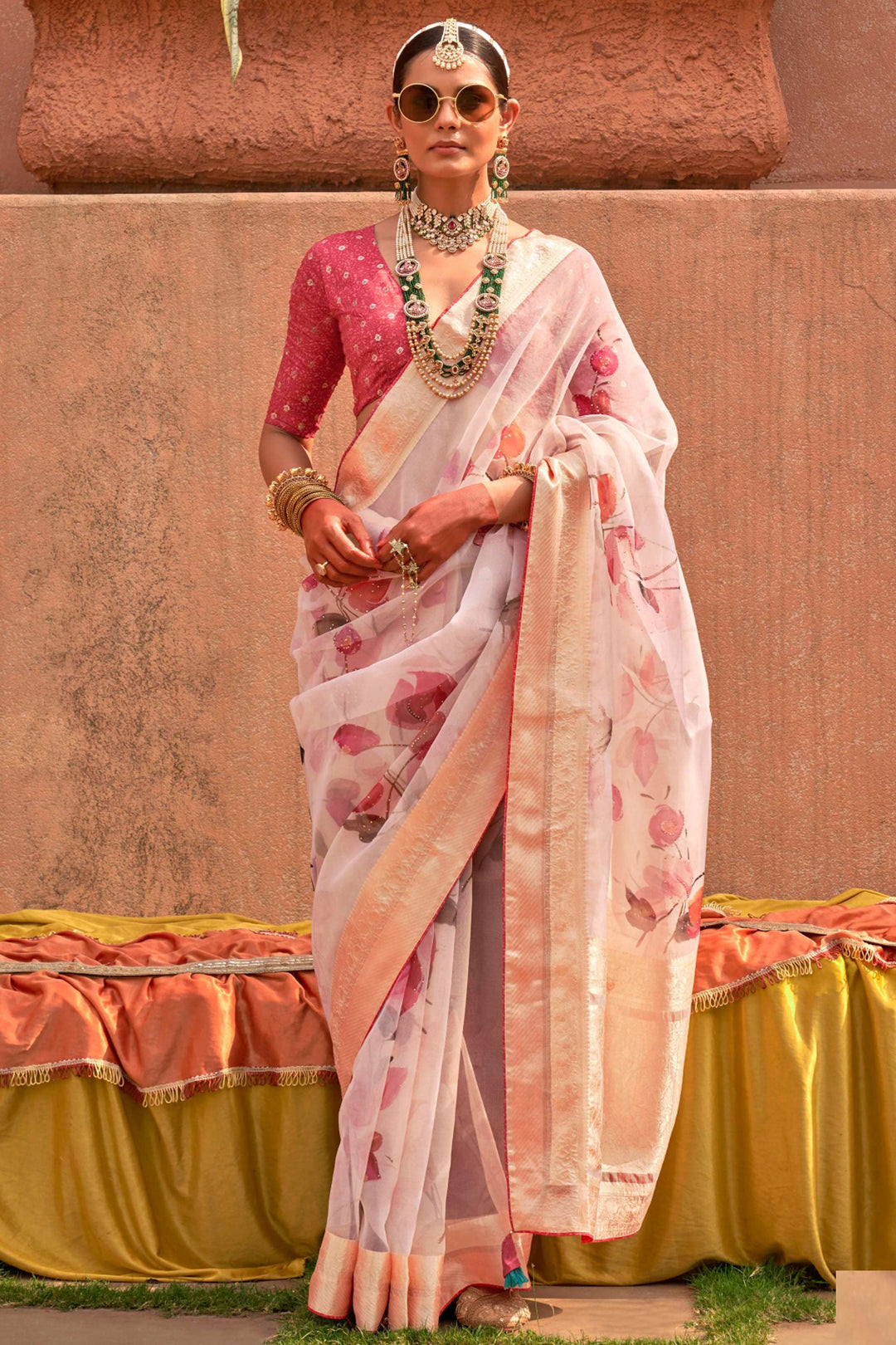 Printed Work Pink Color Organza Silk Fabric Beauteous Saree | Buy Online India
