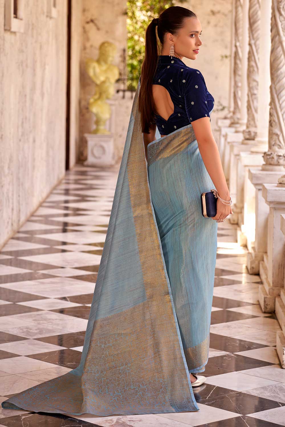 Light Cyan Color Gorgeous Fancy Linen Saree With Velvet Blouse | Buy Online India