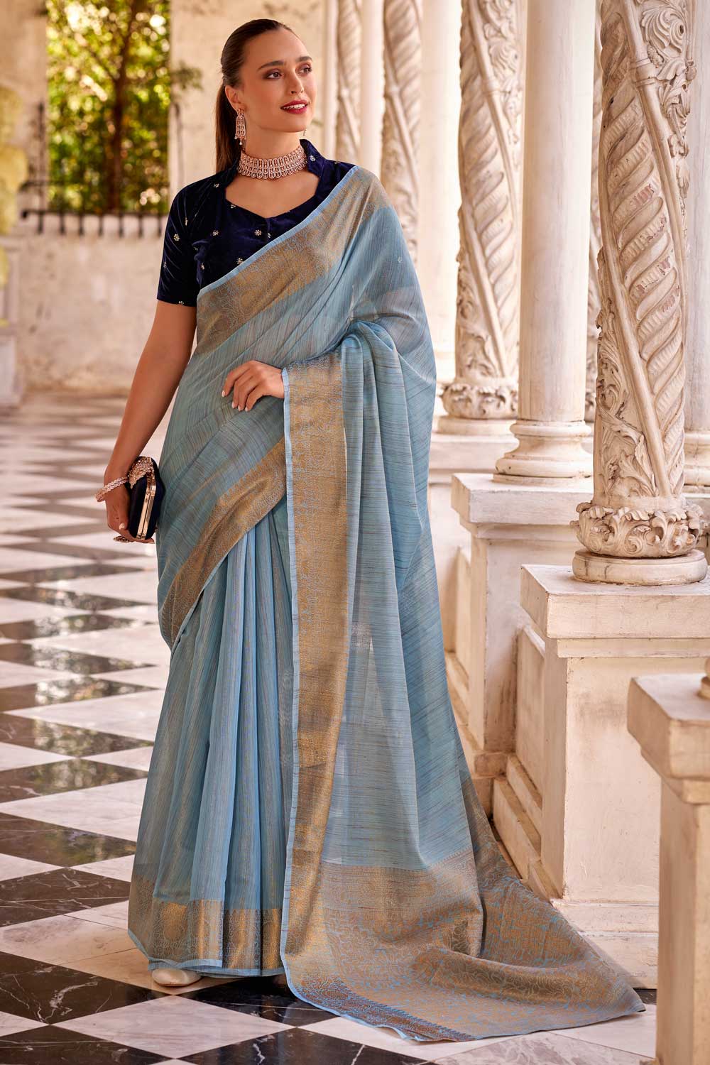 Light Cyan Color Gorgeous Fancy Linen Saree With Velvet Blouse | Buy Online India