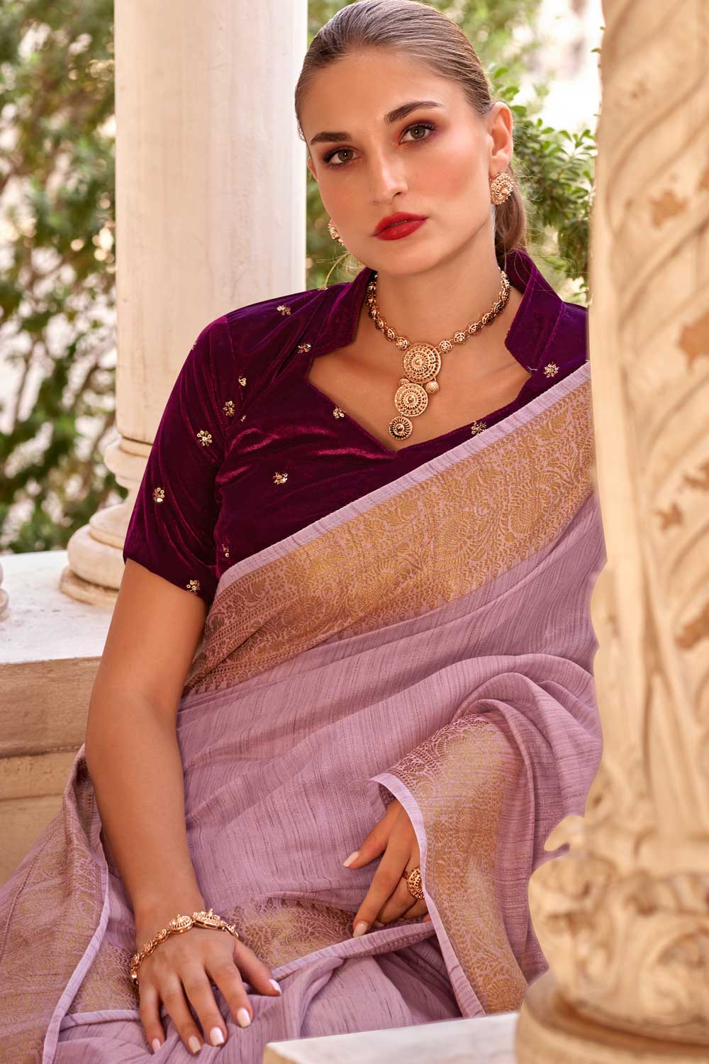Lavender Color Pleasant Fancy Linen Saree With Velvet Blouse | Buy Online India