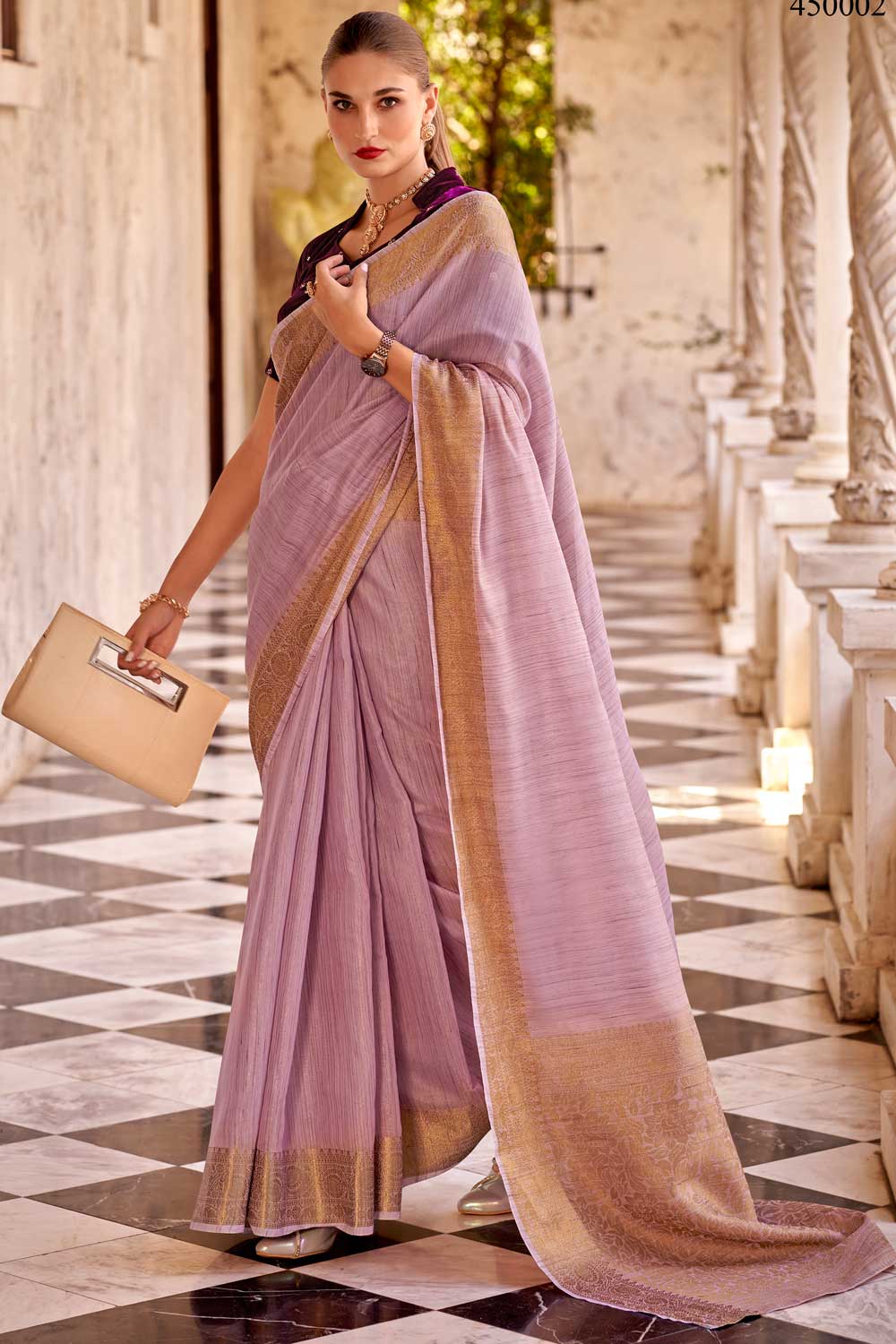Lavender Color Pleasant Fancy Linen Saree With Velvet Blouse | Buy Online India
