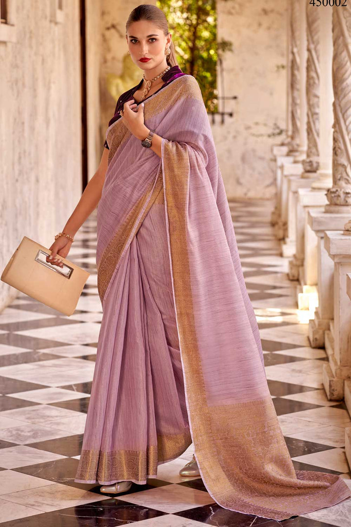 Lavender Color Pleasant Fancy Linen Saree With Velvet Blouse | Buy Online India