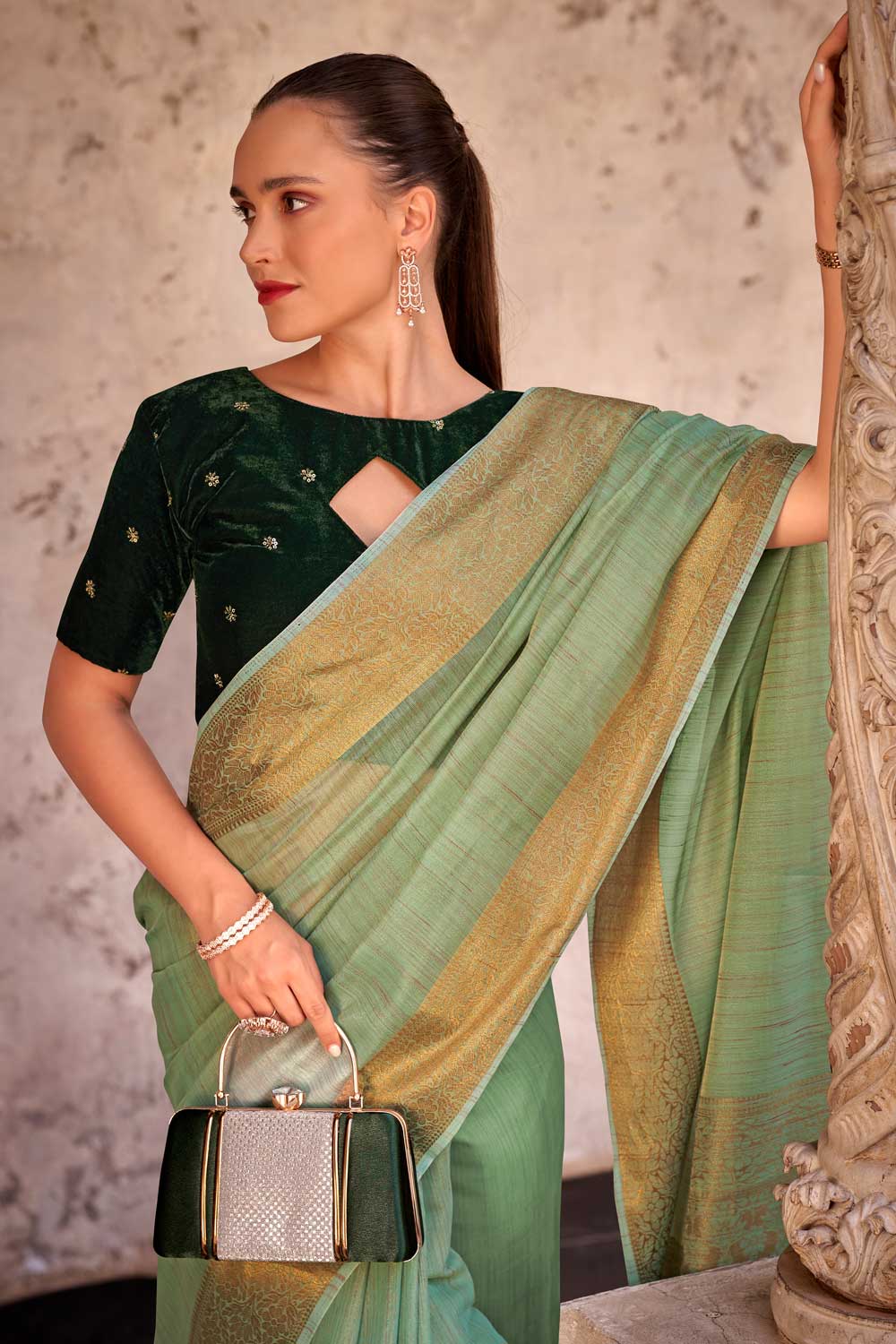 Sea Green Color Brilliant Fancy Linen Saree With Velvet Blouse | Buy Online India