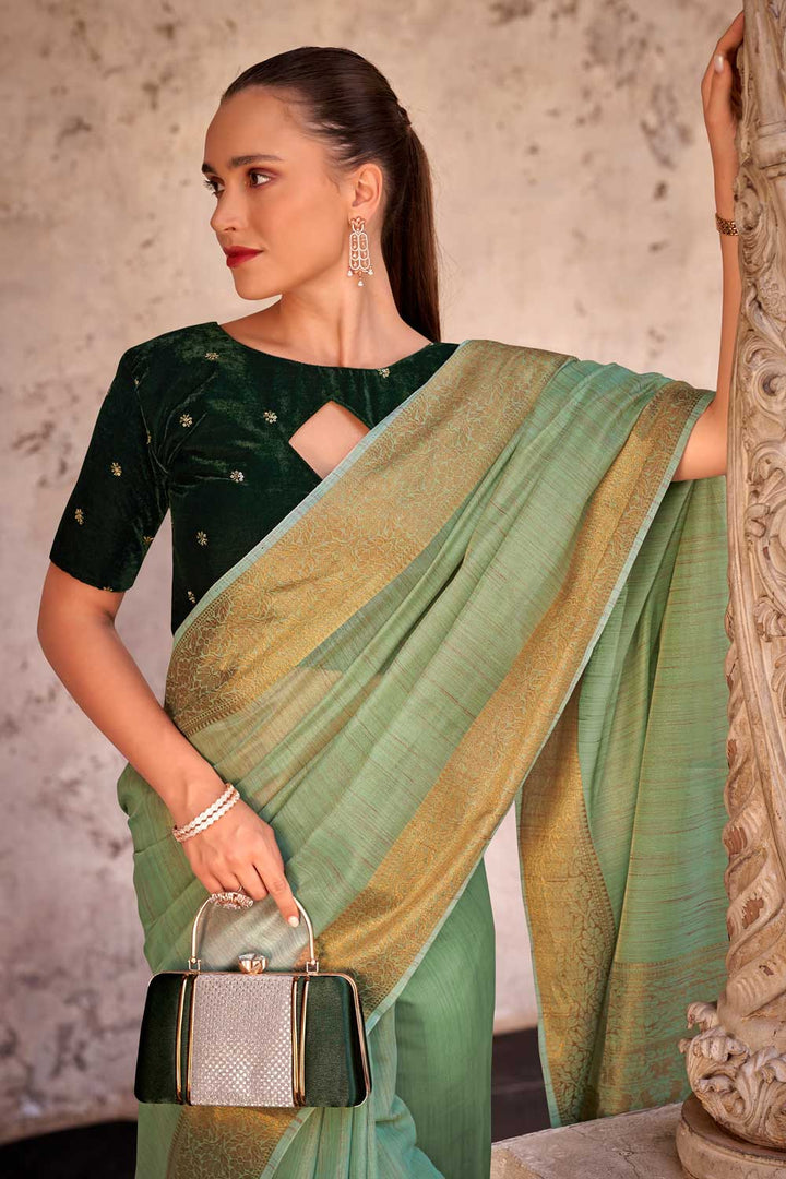 Sea Green Color Brilliant Fancy Linen Saree With Velvet Blouse | Buy Online India