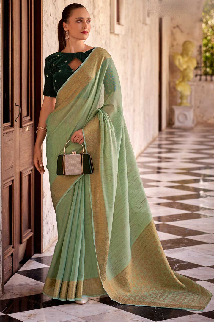 Sea Green Color Brilliant Fancy Linen Saree With Velvet Blouse | Buy Online India