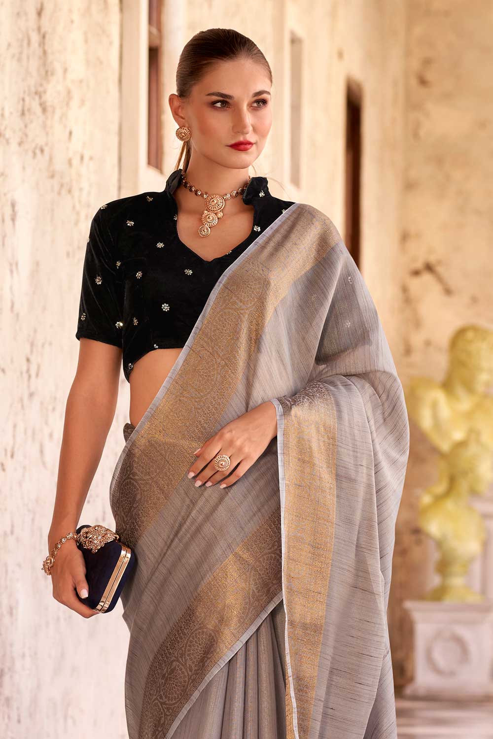 Imposing Fancy Linen Saree With Velvet Blouse In Grey Color | Buy Online India