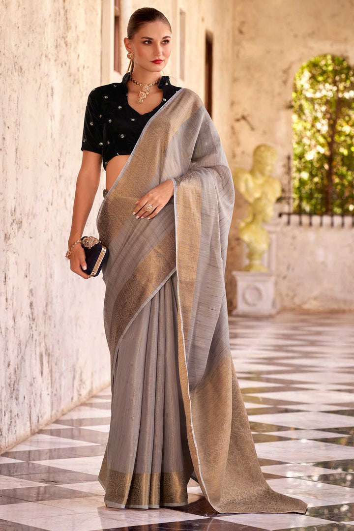 Imposing Fancy Linen Saree With Velvet Blouse In Grey Color | Buy Online India
