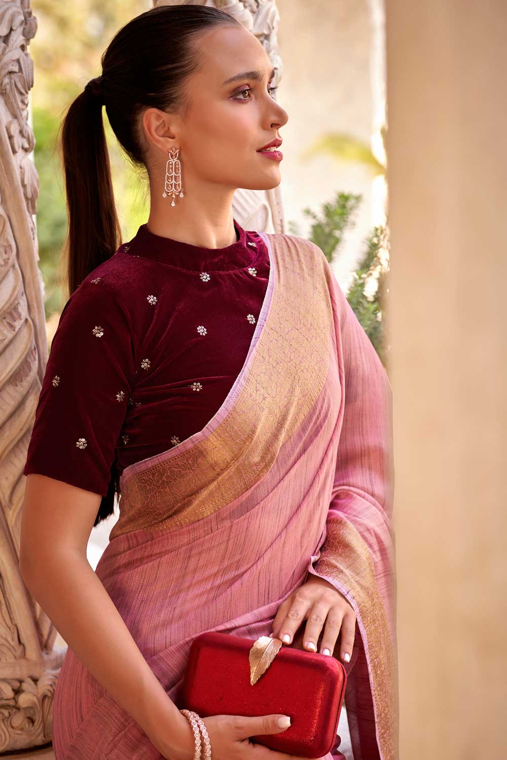 Soothing Fancy Linen Saree With Velvet Blouse In Pink Color | Buy Online India