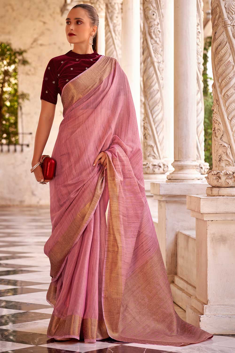 Soothing Fancy Linen Saree With Velvet Blouse In Pink Color | Buy Online India