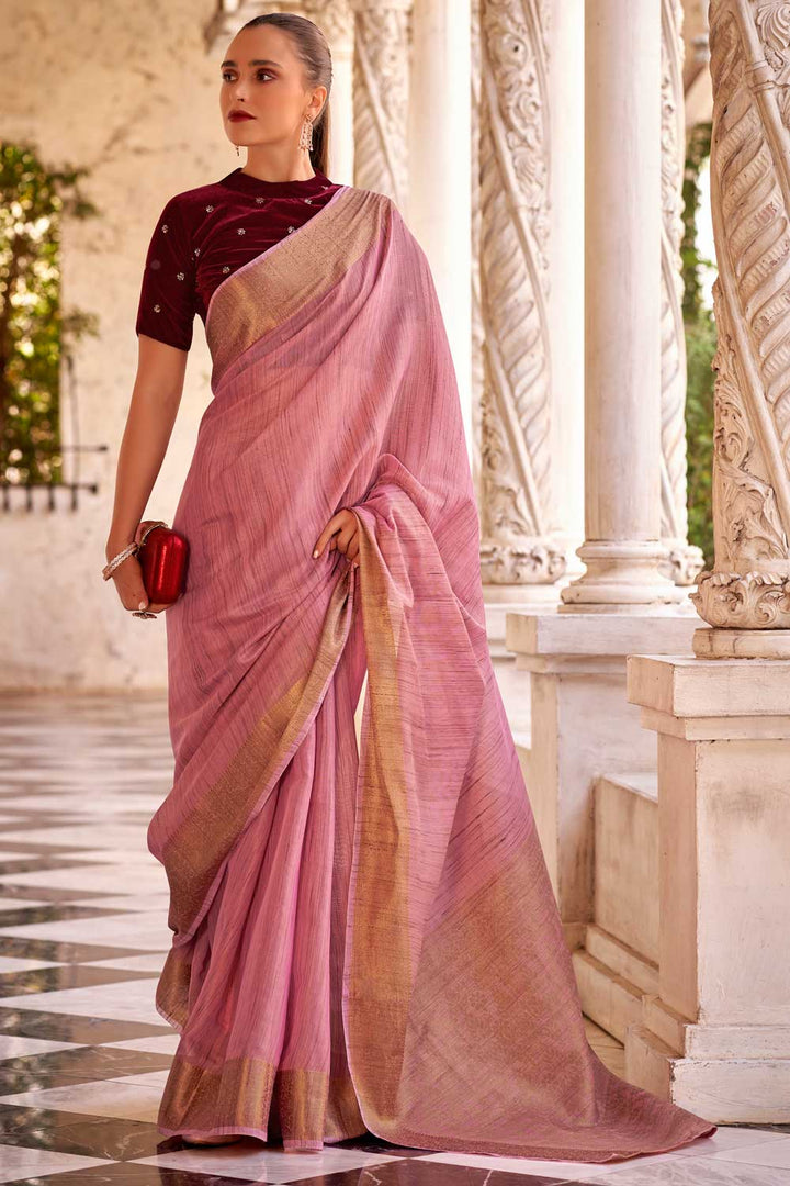 Soothing Fancy Linen Saree With Velvet Blouse In Pink Color | Buy Online India