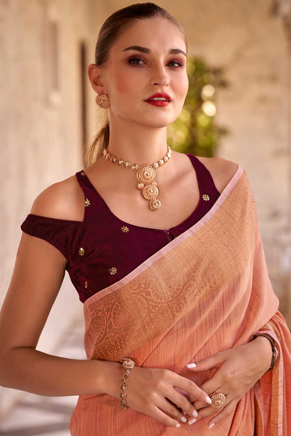 Orange Color Glorious Fancy Linen Saree With Velvet Blouse | Buy Online India