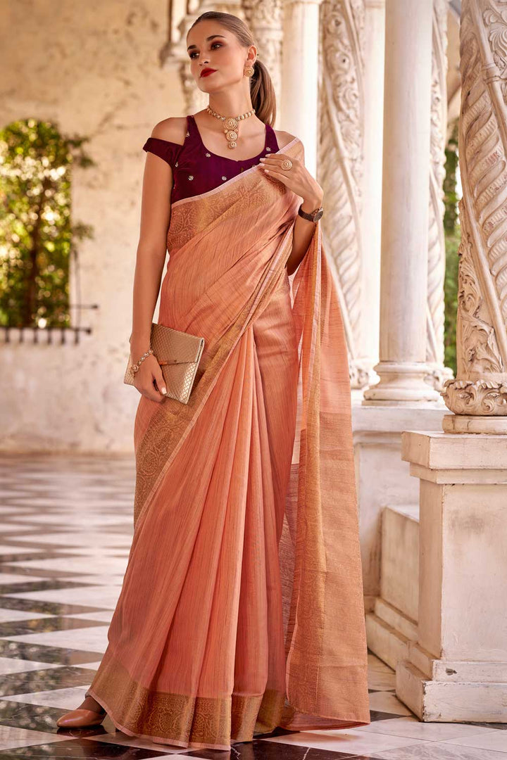 Orange Color Glorious Fancy Linen Saree With Velvet Blouse | Buy Online India