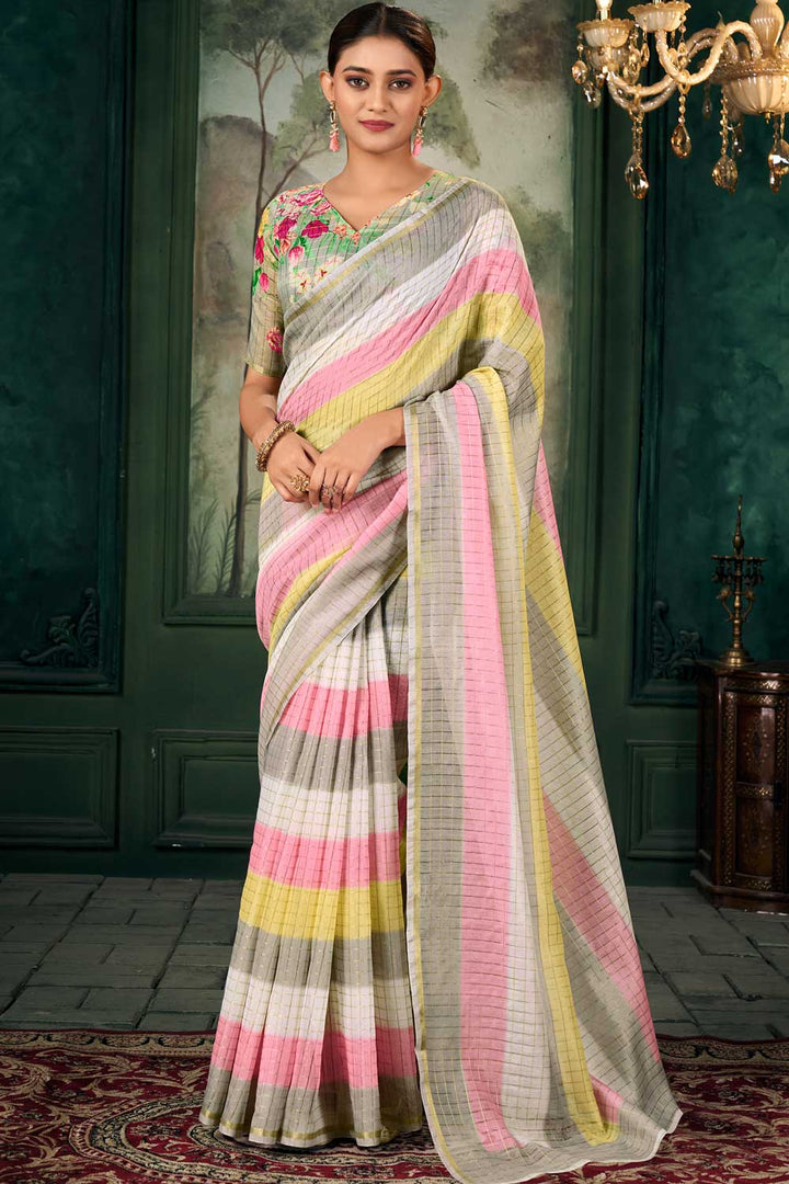 Amazing Multi Color Linen Fabric Zari Chex Pattern Saree With Floral Print Blouse | Buy Online India