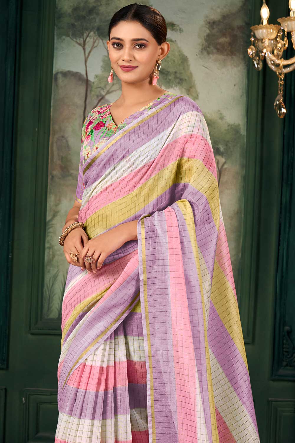 Trendy Linen Fabric Multi Color Zari Chex Pattern Saree With Floral Print Blouse | Buy Online India