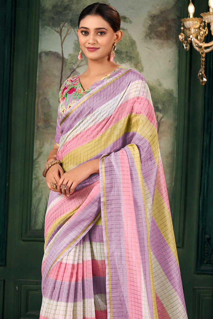 Trendy Linen Fabric Multi Color Zari Chex Pattern Saree With Floral Print Blouse | Buy Online India
