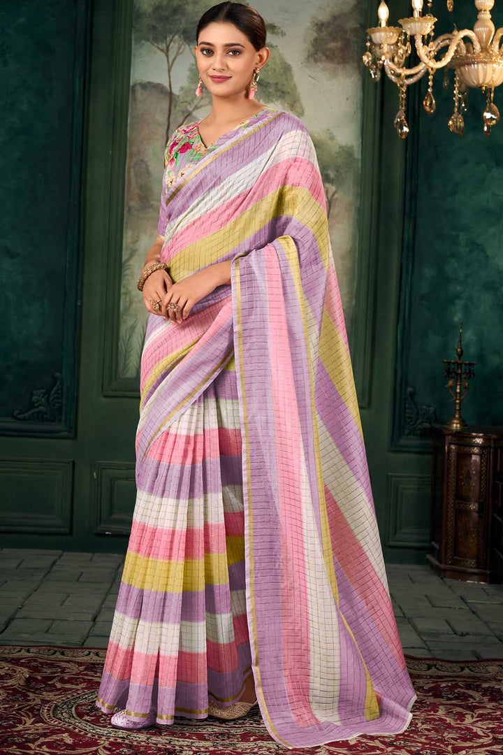 Trendy Linen Fabric Multi Color Zari Chex Pattern Saree With Floral Print Blouse | Buy Online India