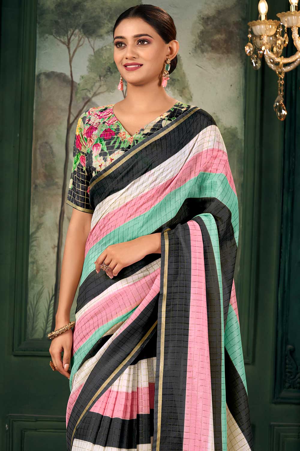 Multi Color Linen Fabric Chic Zari Chex Pattern Saree With Floral Print Blouse | Buy Online India
