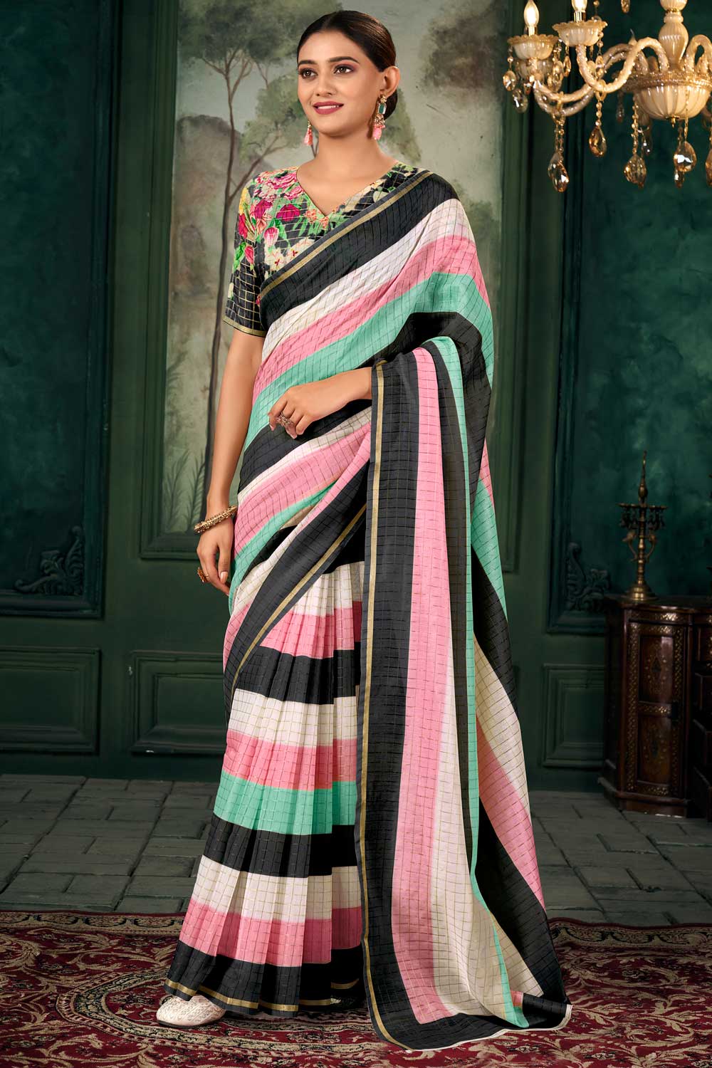 Multi Color Linen Fabric Chic Zari Chex Pattern Saree With Floral Print Blouse | Buy Online India