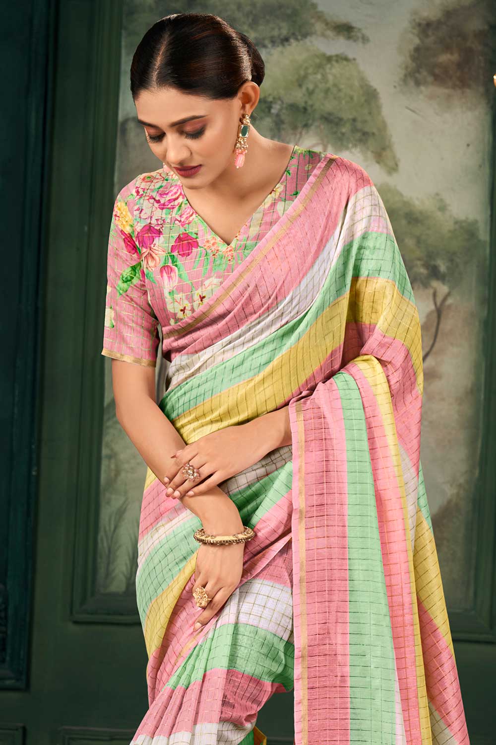 Soothing Multi Color Linen Fabric Zari Chex Pattern Saree With Floral Print Blouse | Buy Online India